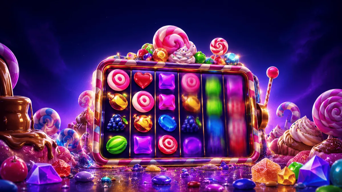 The Sweet Bonanza 1000 grid, candy and fruit symbols on a pastel backdrop